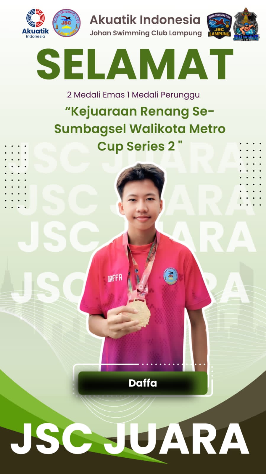 Walikota Metro CUP Atlet Renang Asal Lampung Tengah Sabet Dua Mendali Emas dan satu Mendali perunggu